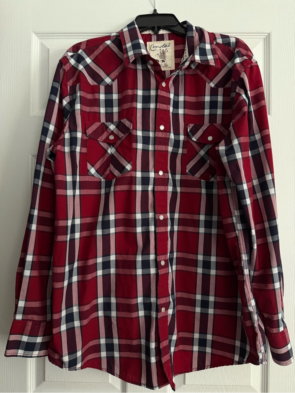 Crimson Plaid Western Pearl-snap long sleeve  Button-Up Shirt XL
